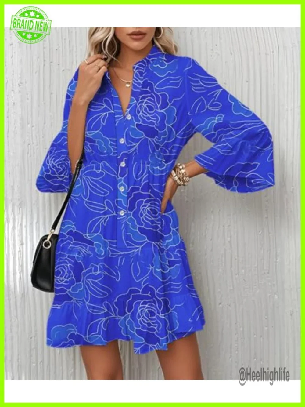 Flowy Ruffle 3/4 Sleeve V Neck Tiered Casual Babydoll Boho Beach Mini Dress - Picture 3 of 4
